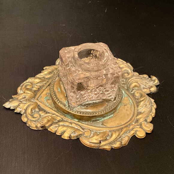 Brass Heart Tray with Attached Glass Inkwell - Picture 2 of 3